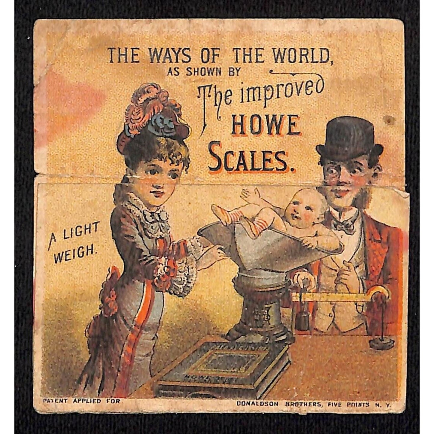 Howe Scale Company Funny Flip-Down Panel Victorian Trade Card - Scarce