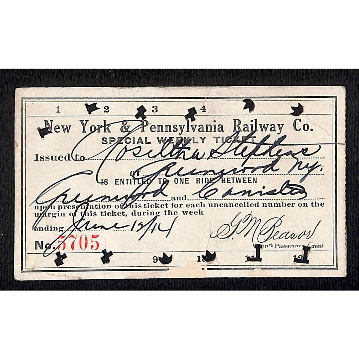 New York & Pennsylvania Ry 1914 Special Weekly Ticket Scarce #5705
