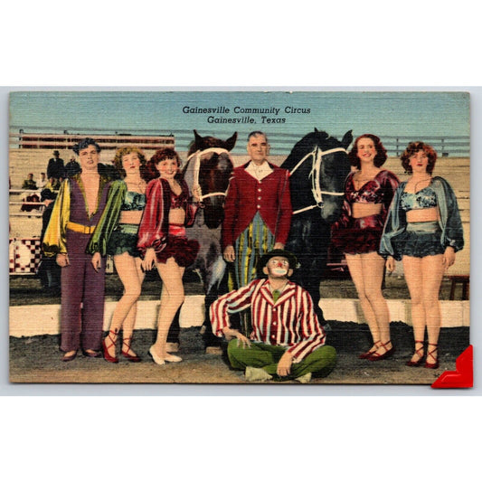 Gainesville Community Circus Women Clown Horses Linen Postcard NP c1940's-50