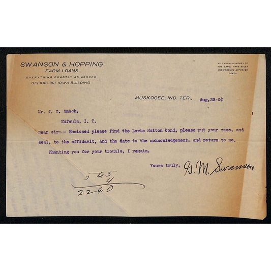 c1906 Swanson & Hopping Farm Loans Indian Territory Muskogee, OK TLS Letterhead