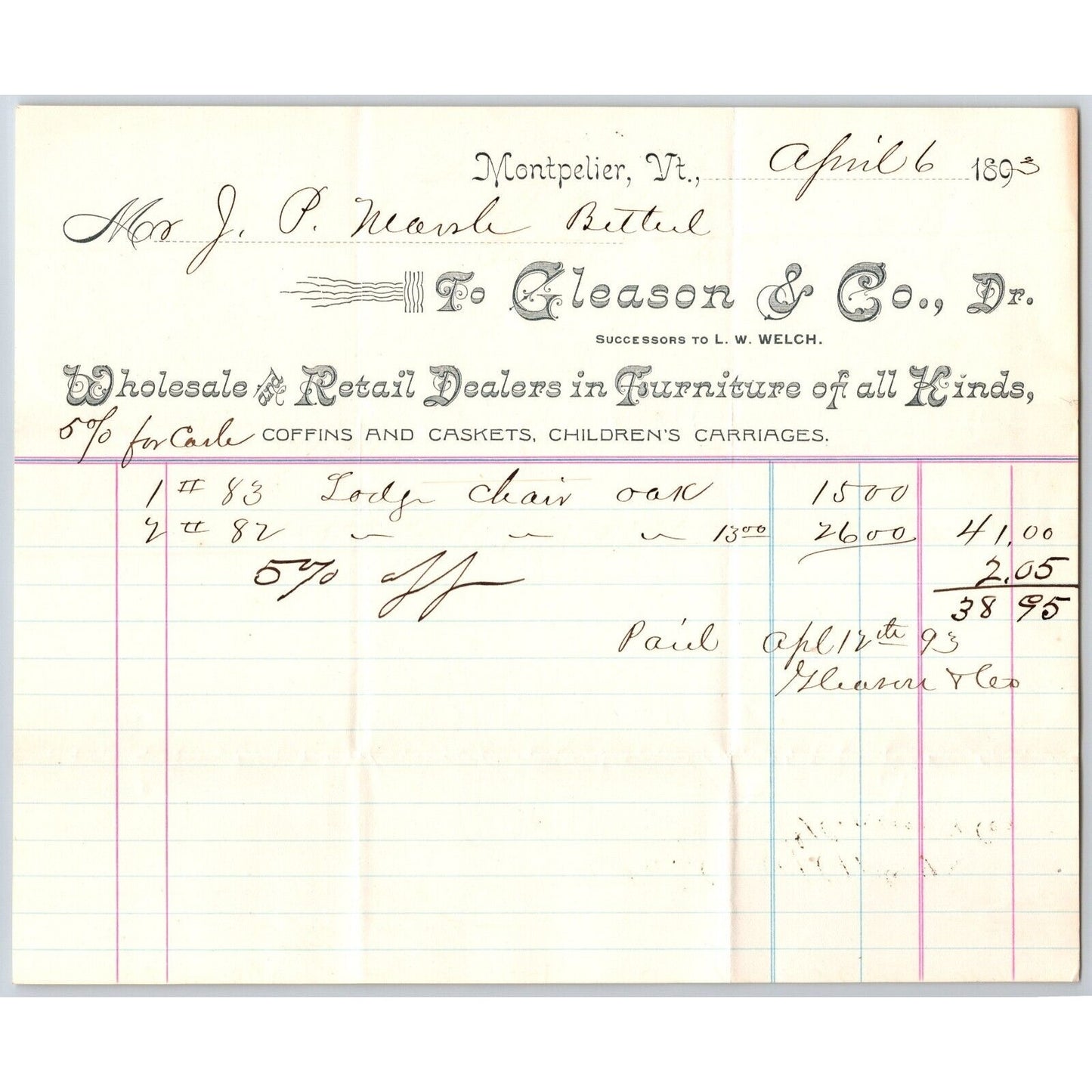 Gleason & Co. Furniture Dealers Montpelier, VT 1893 Billhead VGC Scarce