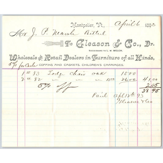 Gleason & Co. Furniture Dealers Montpelier, VT 1893 Billhead VGC Scarce