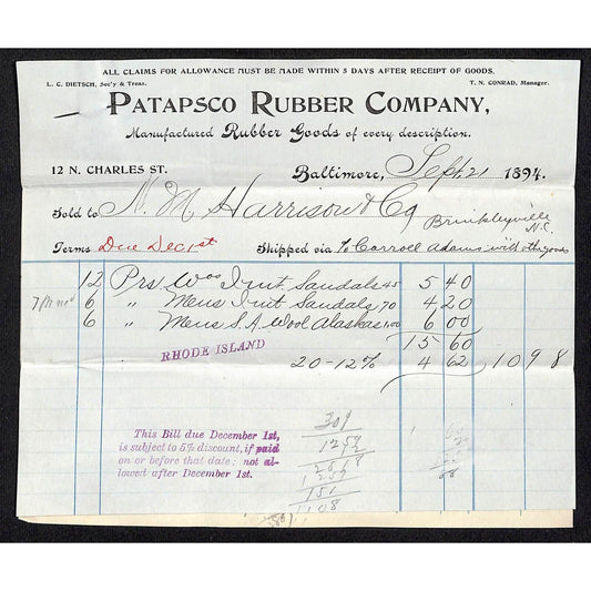Baltimore, MD Patapsco Rubber Co. / NY Belting & Packing Pair of 1894 Billheads