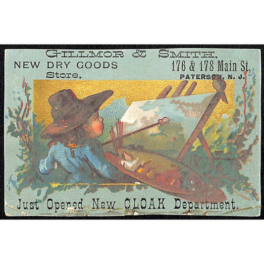 Gillmor & Smith dry Goods Paterson, NJ Victorian Trade Card Kid Paints Outdoors