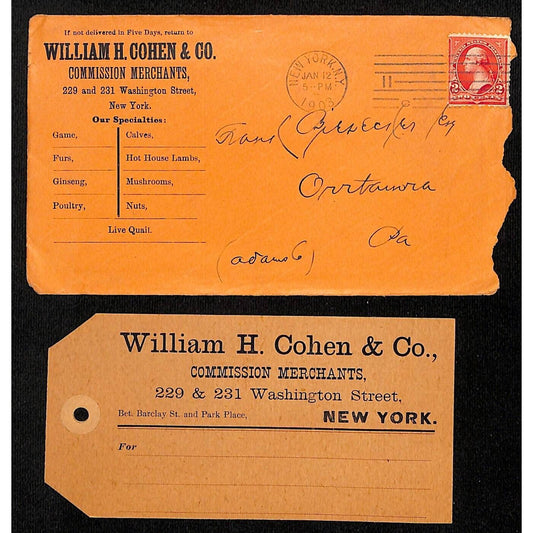 1903 William H. Cohen Merchants Washington St. NYC Cover and Shipping Tag