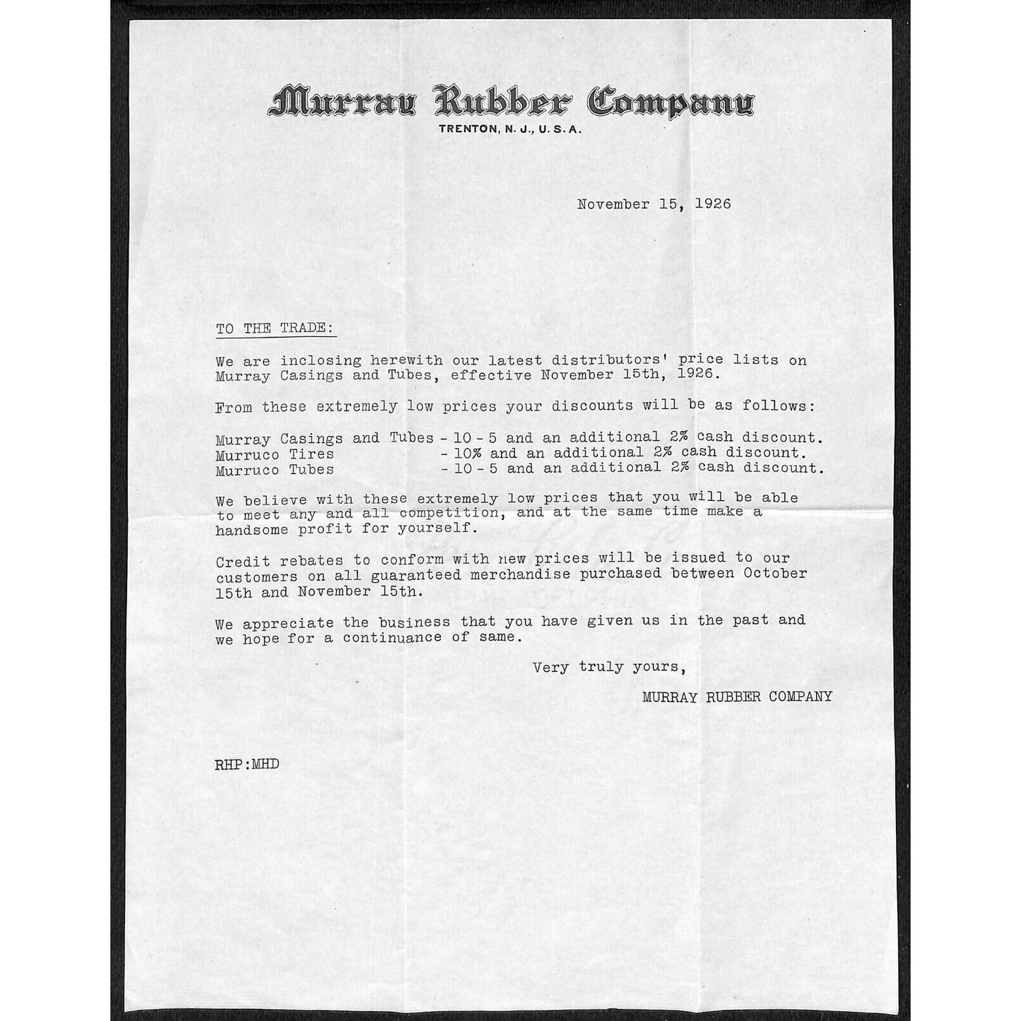 Murray Rubber Company Trenton, NJ 1926 Letterhead Discounts / Credits