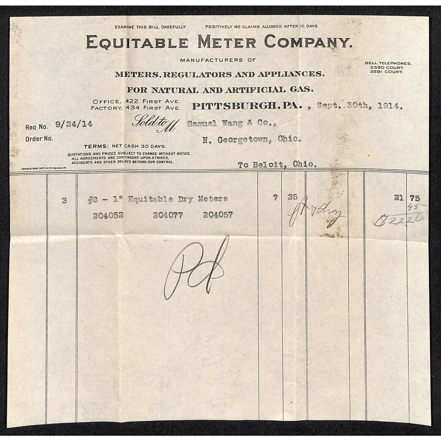 Equitable Meter Co Pitts. Samuel Wang Co* North Georgetown 1914 Billhead & Cover