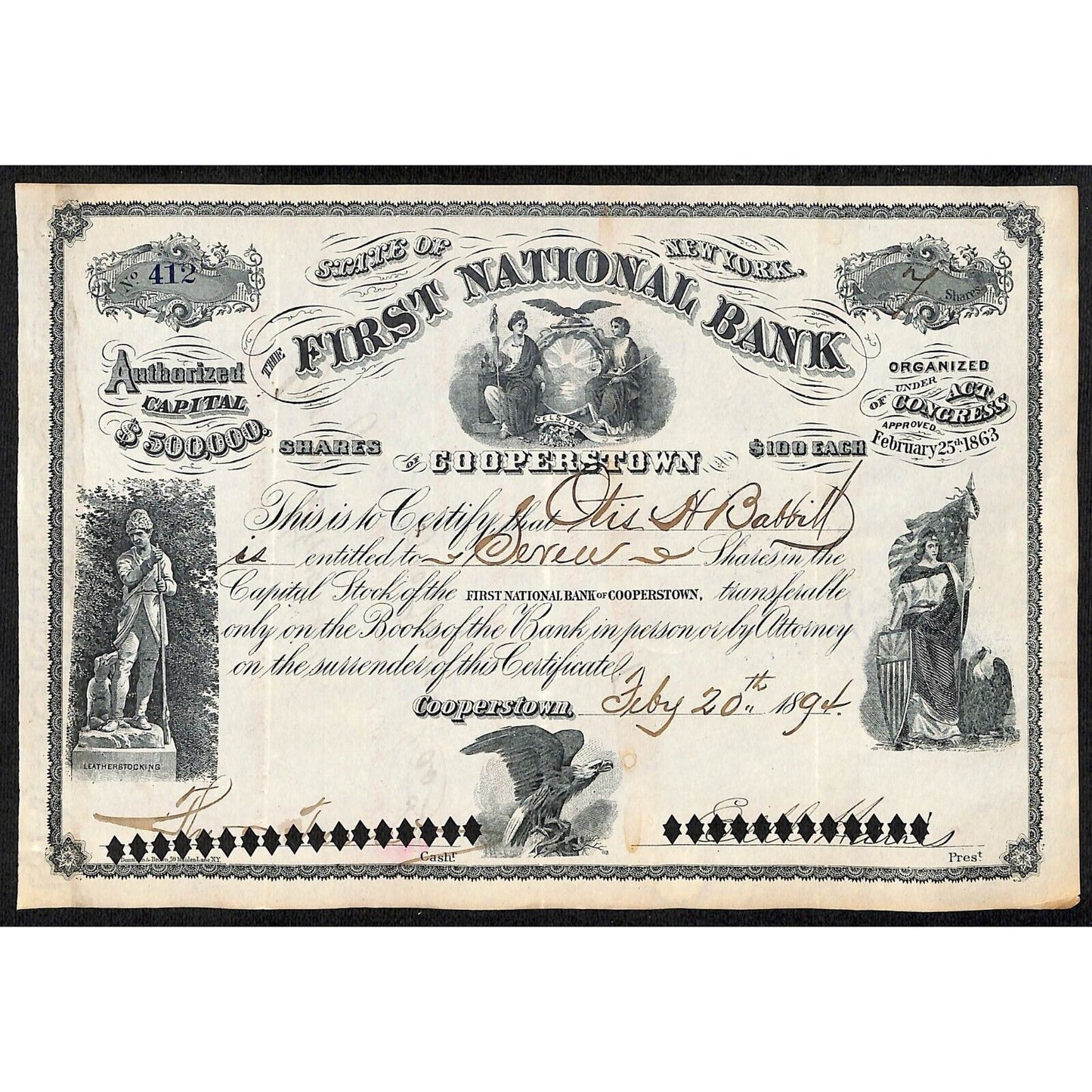 First National Bank of Cooperstown 1894 Stock Certificate Dr. Otis H. Babbitt *
