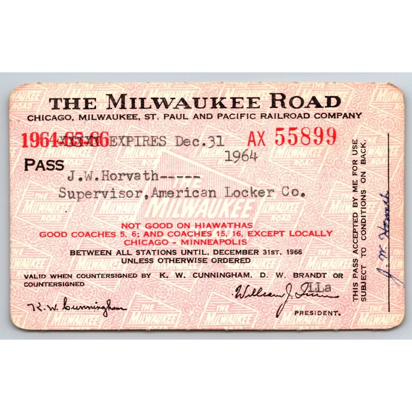 The Milwaukee Road Railroad 1964 Yearly Train Pass #55899