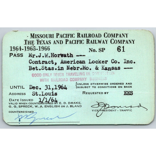 Missouri Pacific RR / Texas and Pacific RY 1964-65-66 Yearly Train Pass #SP 61