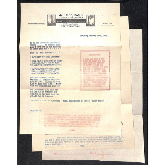 J.H. McKenzie Fort Worth 1933 Oil Lease & Royalties Lengthy Promotion Letter 4pp