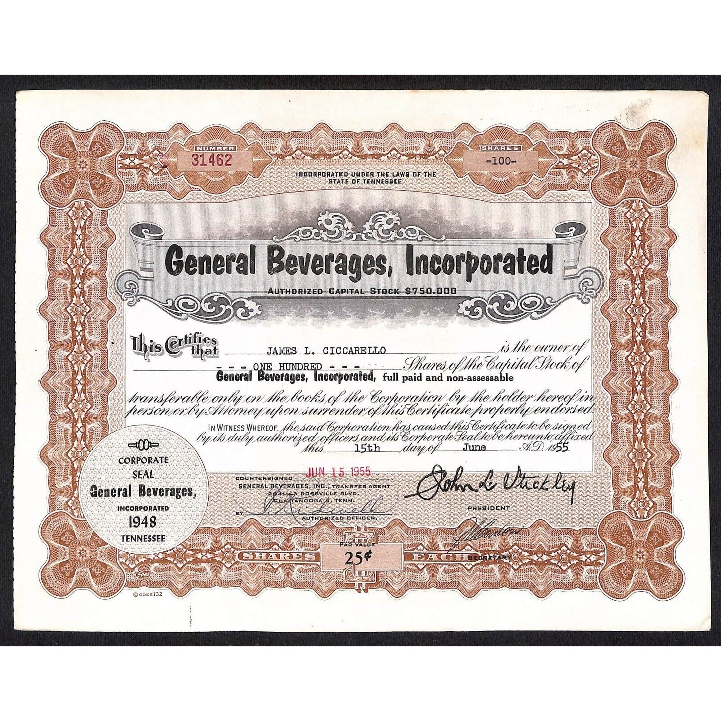 General Beverages, Inc.* Tennessee 1955 Stock Certificate to James L. Ciccarello