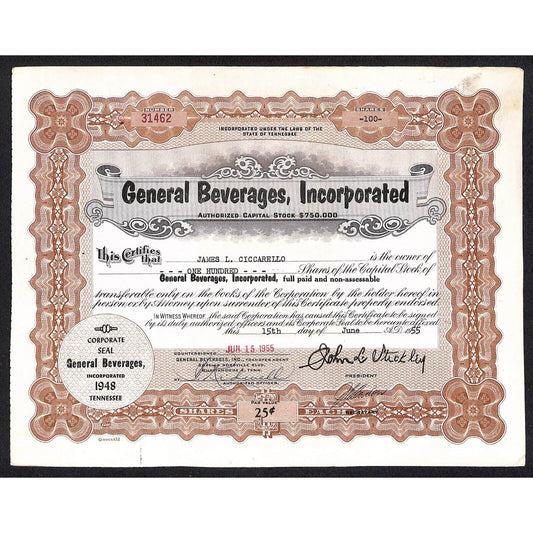 General Beverages, Inc.* Tennessee 1955 Stock Certificate to James L. Ciccarello