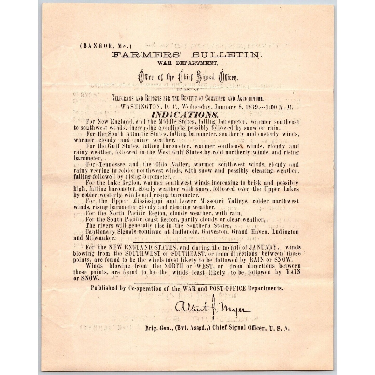Bangor, ME Chief Signal Office, War Department Farmers' Bulletin - Jan. 8, 1879