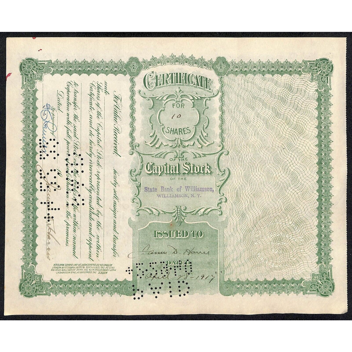 State Bank of Williamson NY 1917 Stock Certificate James D. Harris ? Scarce