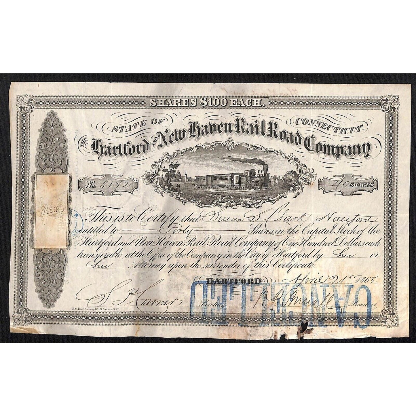 Hartford and New Haven Railroad 1868 Stock Certificate #5142 Susan S. Clark