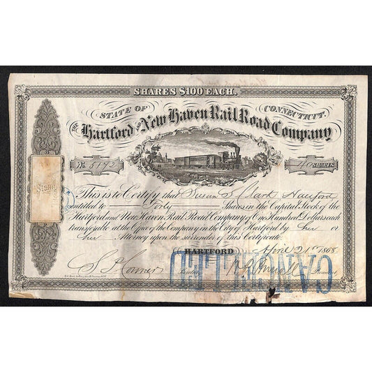 Hartford and New Haven Railroad 1868 Stock Certificate #5142 Susan S. Clark