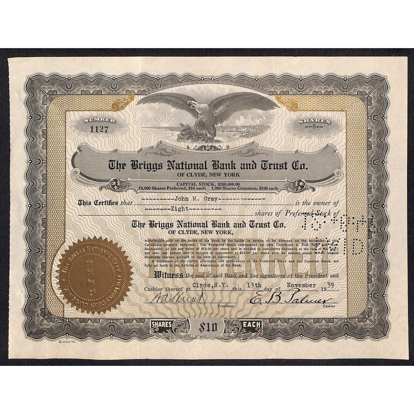 Briggs National Bank and Trust Clyde NY 1939 Stock Certificate John M. Gray