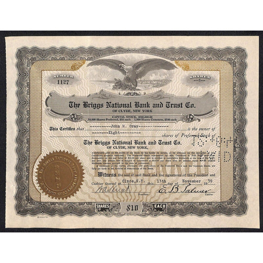 Briggs National Bank and Trust Clyde NY 1939 Stock Certificate John M. Gray