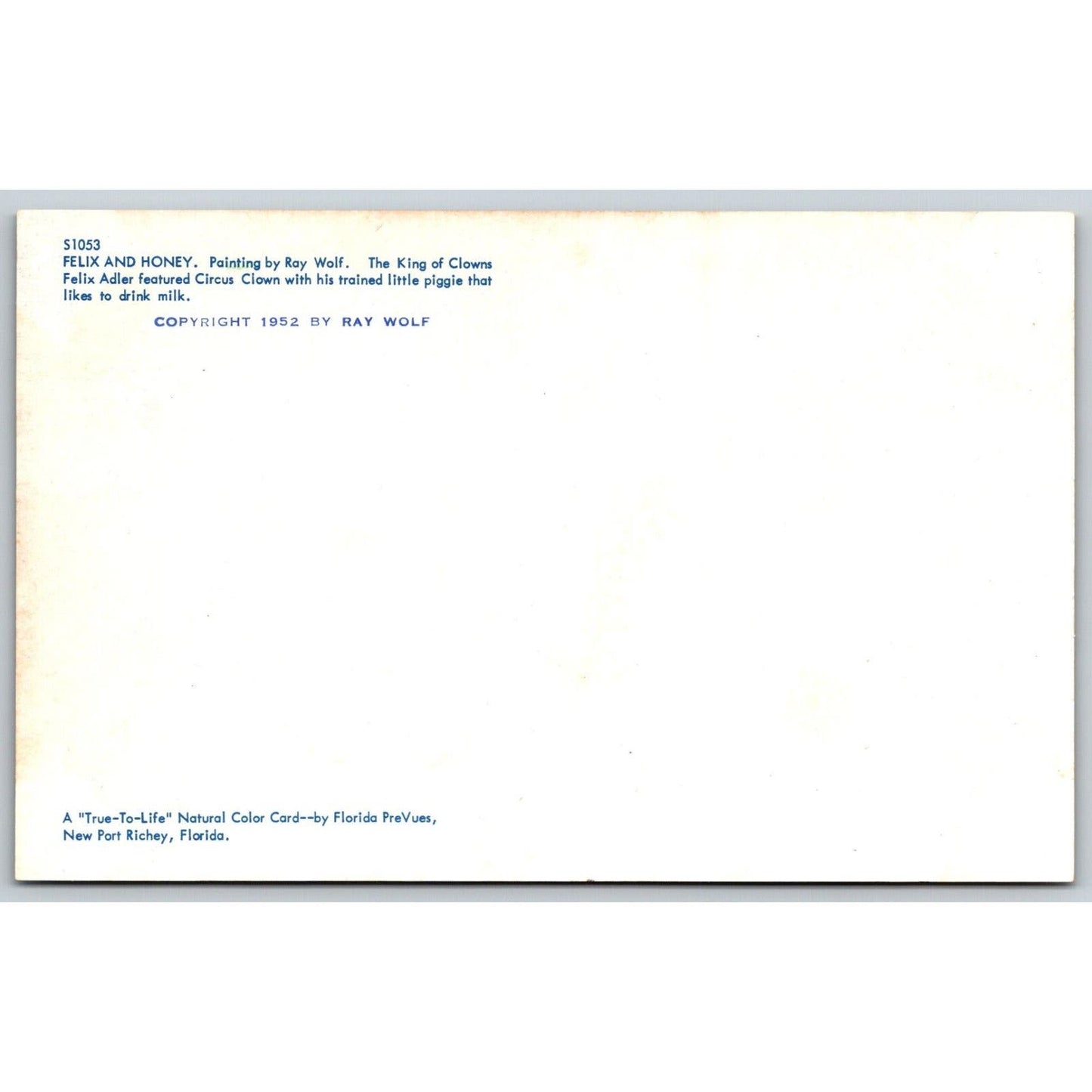 Felix and Honey Clown Pig Felix Adler Painting Ray Wolf Postcard VGC NP c1952