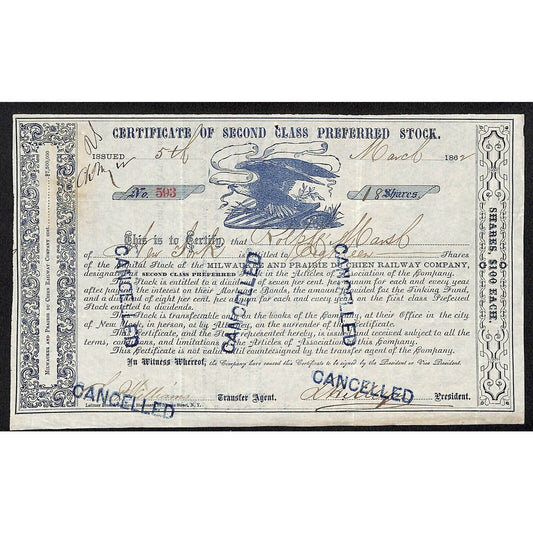 Milwaukee and Prairie Du Chien Railway 1862 Stock Certificate 2nd Class #593