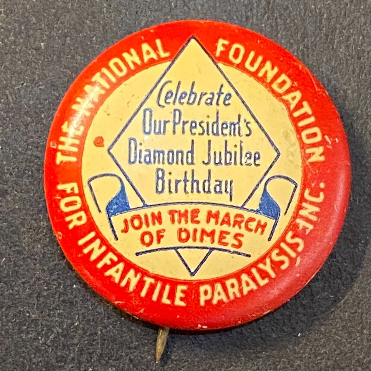 March of Dimes Diamond Jubilee Infantile Paralysis Litho Steel Pinback c1963