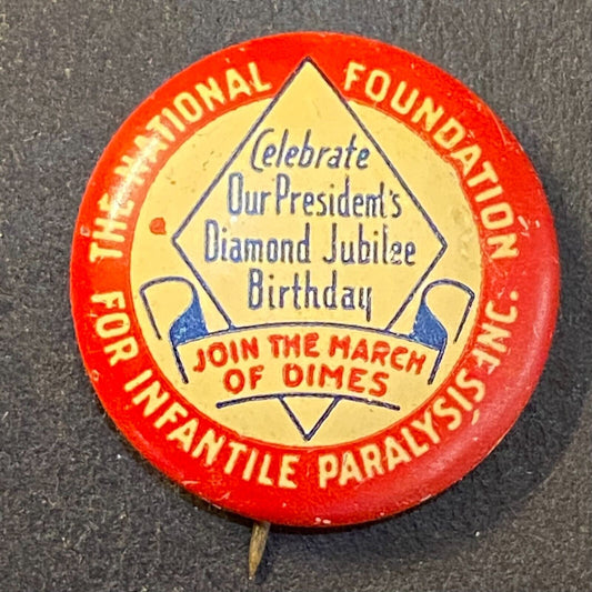 March of Dimes Diamond Jubilee Infantile Paralysis Litho Steel Pinback c1963