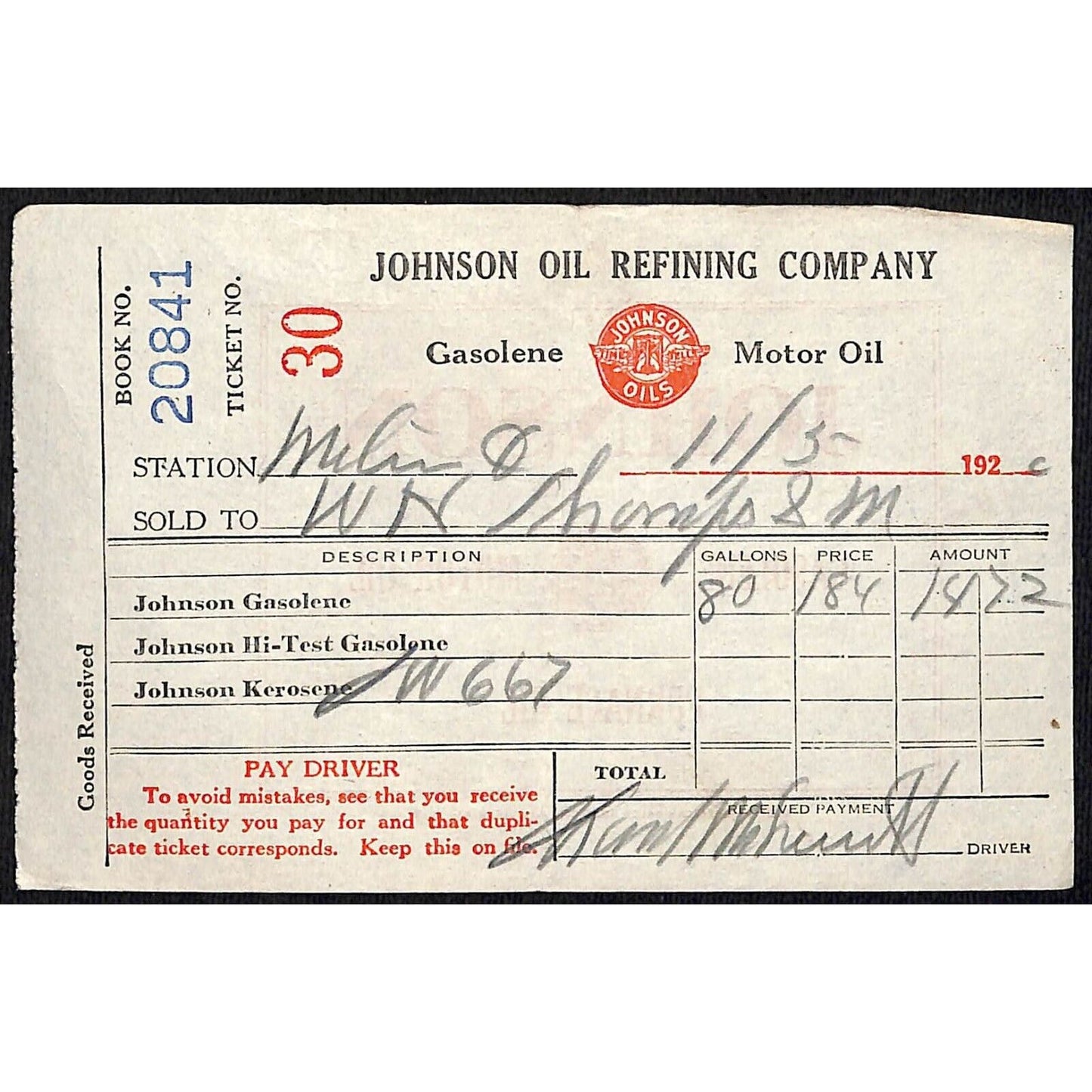 Johnson Oils Gasoline Kerosene 1926 W. H. Thompson Melvin IL Station Receipt #30