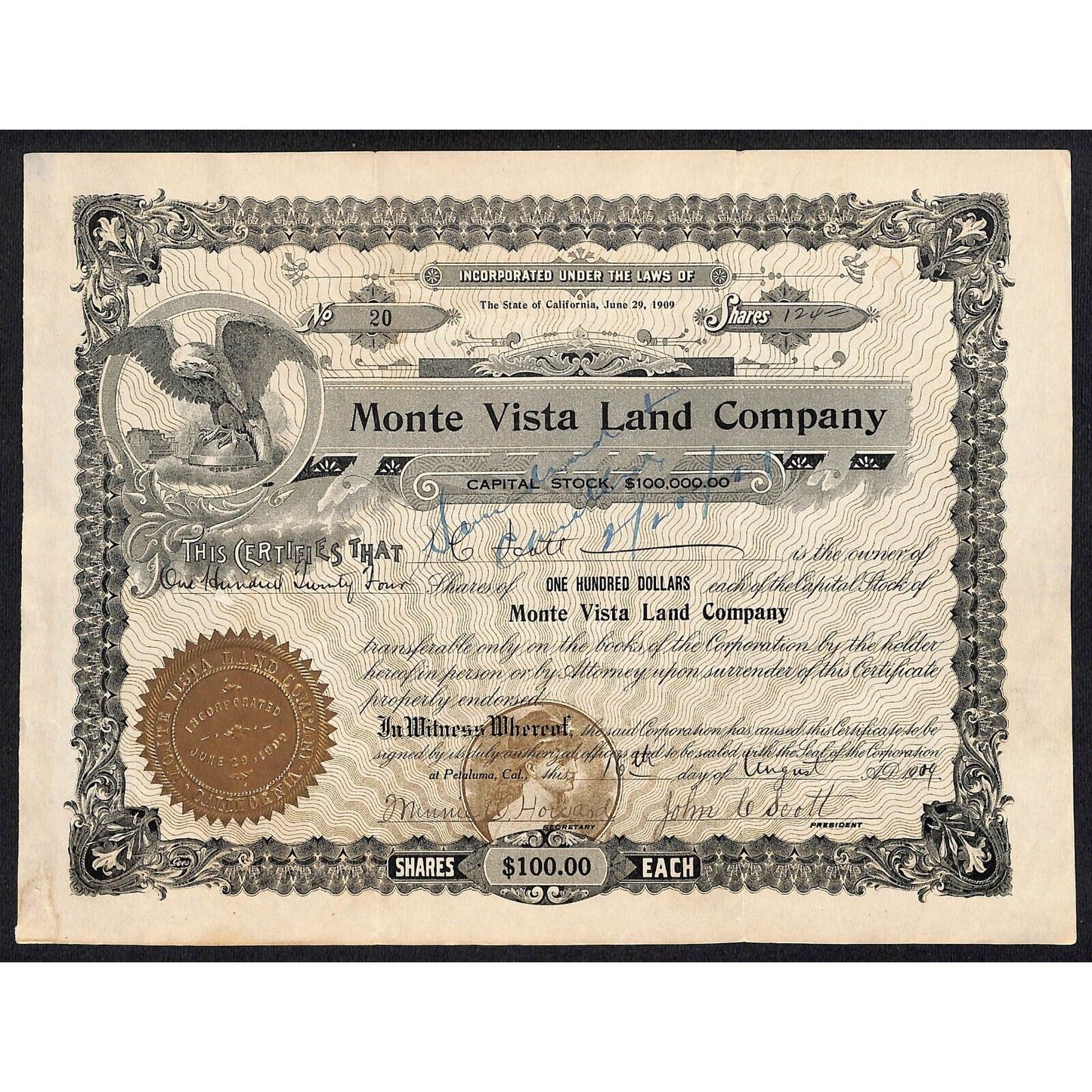 Monte Vista Land Company 1909 Stock Certificate #20 to J.C. Scott (President)