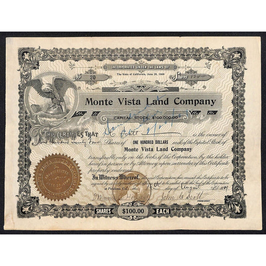 Monte Vista Land Company 1909 Stock Certificate #20 to J.C. Scott (President)