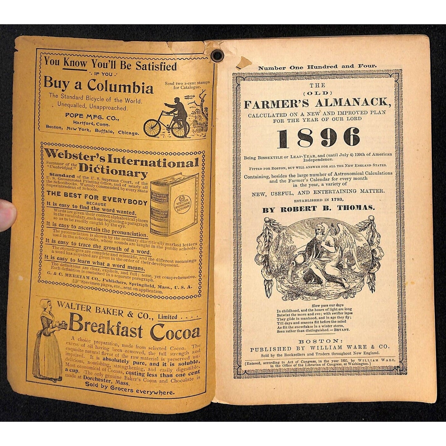 1896 Old Farmer's Almanac 48pp* Wilson Ware & Co. Boston - Missing Back Cover