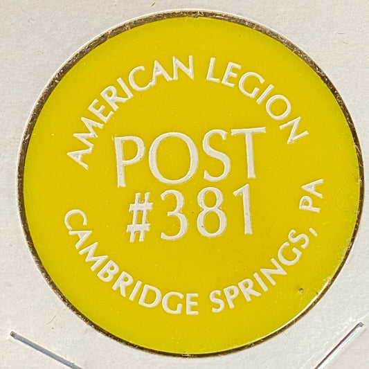 Cambridge Springs, PA AL Post 381 Plastic Drink Token G/F "One Happy Hour"