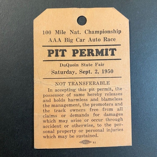 1950 Du Quoin AAA 100 Mile Nat. Championship Big Car Auto Race Pit Permit Stub