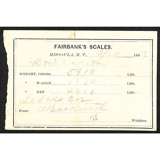 1887 Missoula Montana Territory Fairbank's Scales Mining Ore Weight Receipt (#1)