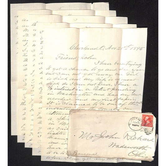 1895 5pp ALS From J.H. Warren ? Cleveland To John Rickard Wadsworth, OH VGC