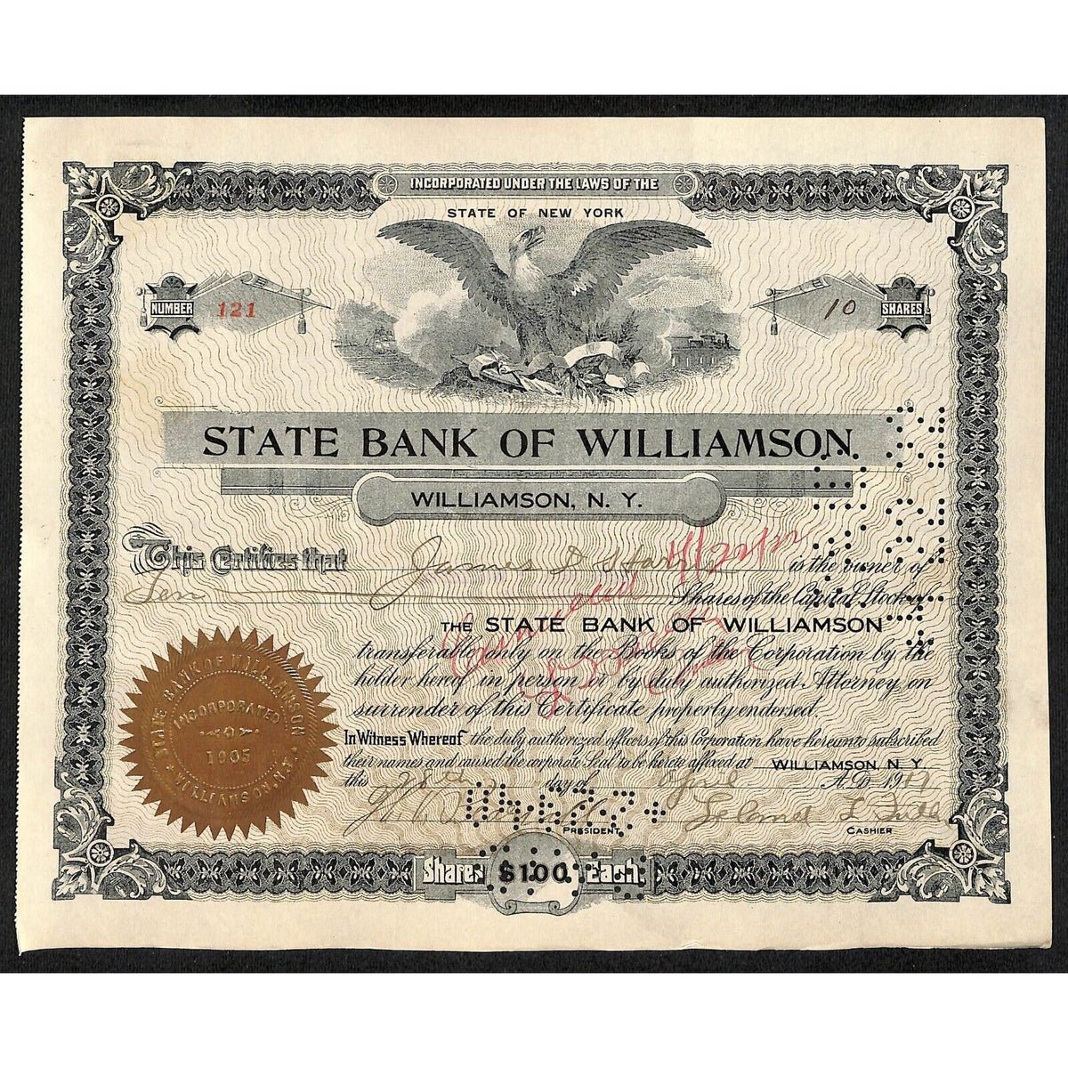 State Bank of Williamson NY 1917 Stock Certificate James D. Harris #121 Scarce