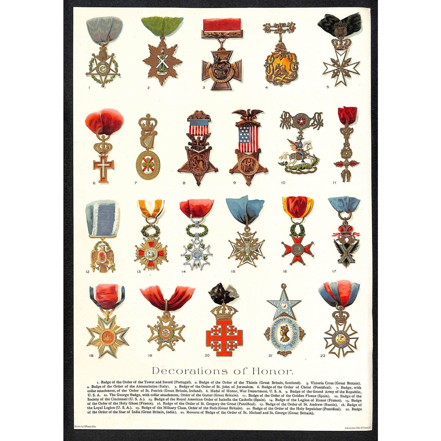 6 Mostly Victorian Decorations of Honor Medal Charts 8" x 11" - Vibrant Litho