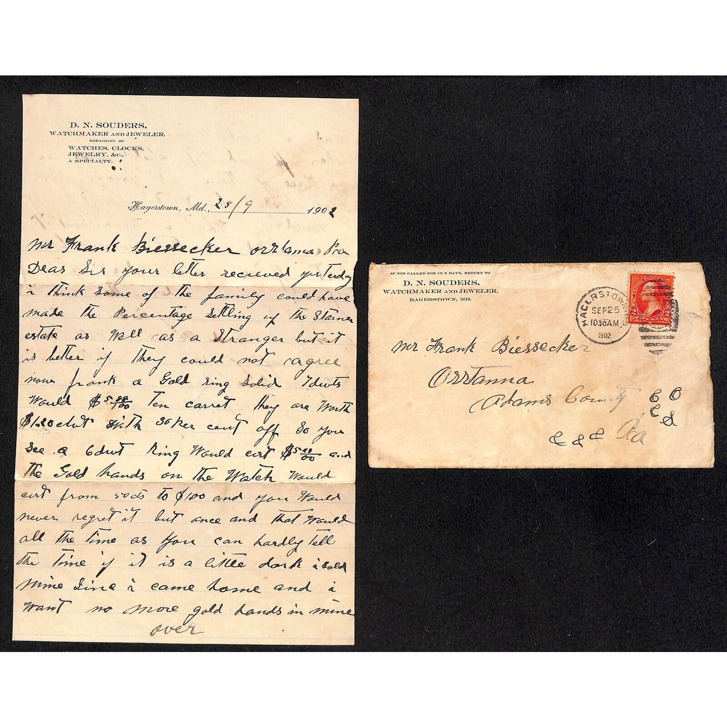 1902 Hagerstown, MD D.N. Souders Watchmaker Jeweler ALS + Cover re: Gold Ring