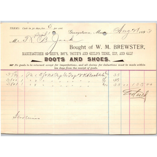 W.M. Brewster Boots and Shoes Georgetown, MA 1893 Billhead Scarce VGC