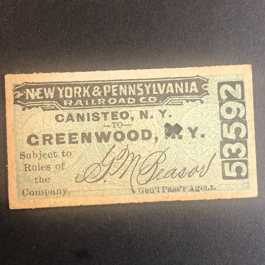 New York & Pennsylvania Railroad July 21 1917 Greenwood, NY Ticket #53592