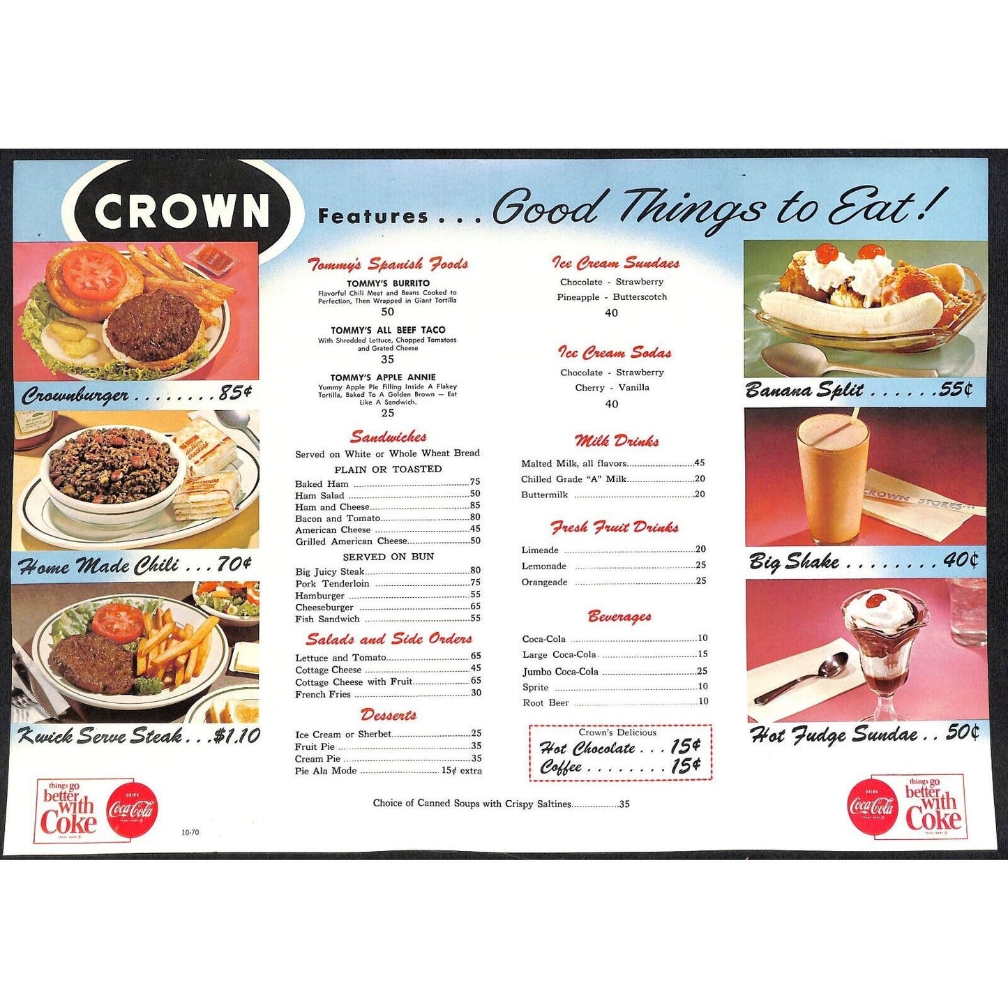 c1970 Crown Stores / Coca Cola Fountain Menu Unused Scarce VGC