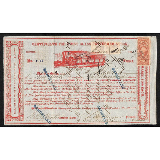 Milwaukee and Prairie Du Chien Railway 1865 Stock Certificate First Class #1944