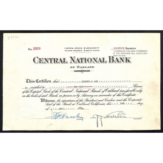 Central National Bank of Oakland 1925 Stock Certificate #2059 Very Scarce
