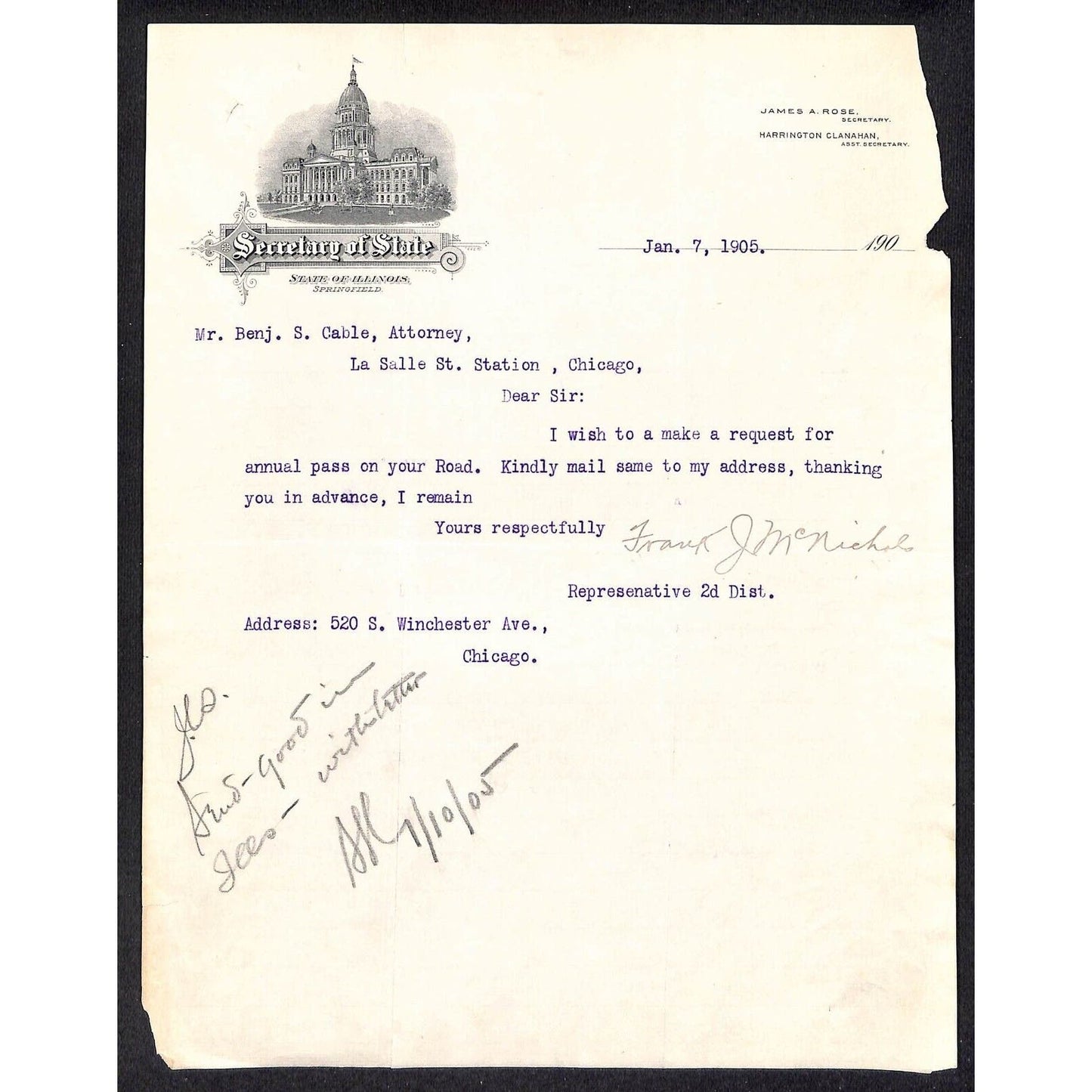 Illinois Secretary of State 1891 Letterhead to La Salle St CRI&P re: Yearly Pass
