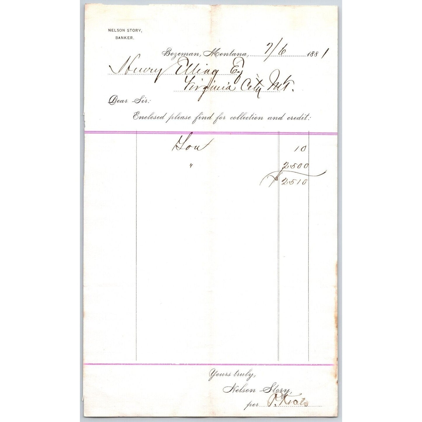 Nelson Story, Banker Bozeman, MT 1881 Statement - Billhead to Henry Elling*