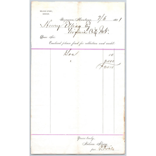 Nelson Story, Banker Bozeman, MT 1881 Statement - Billhead to Henry Elling*