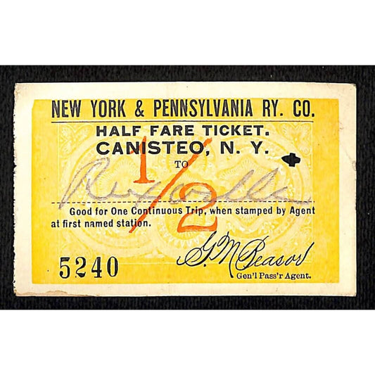 New York & Pennsylvania Railroad RY July 21 1917 Rexville 1/2 Fare Ticket #5240