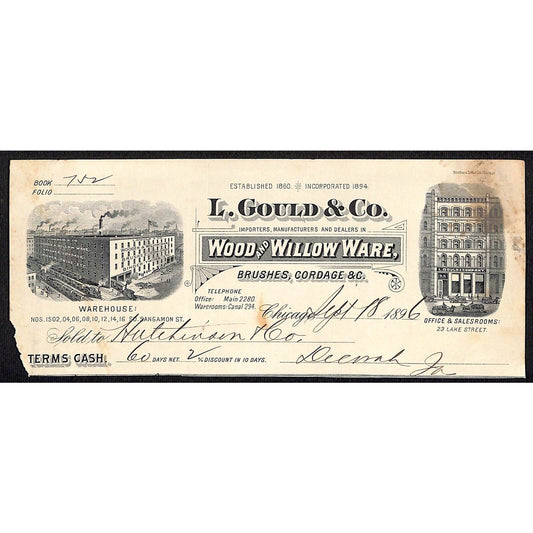 L. Gould & Co. Chicago Willow Ware Hutchinson* Decorah Cut 1896 Billhead