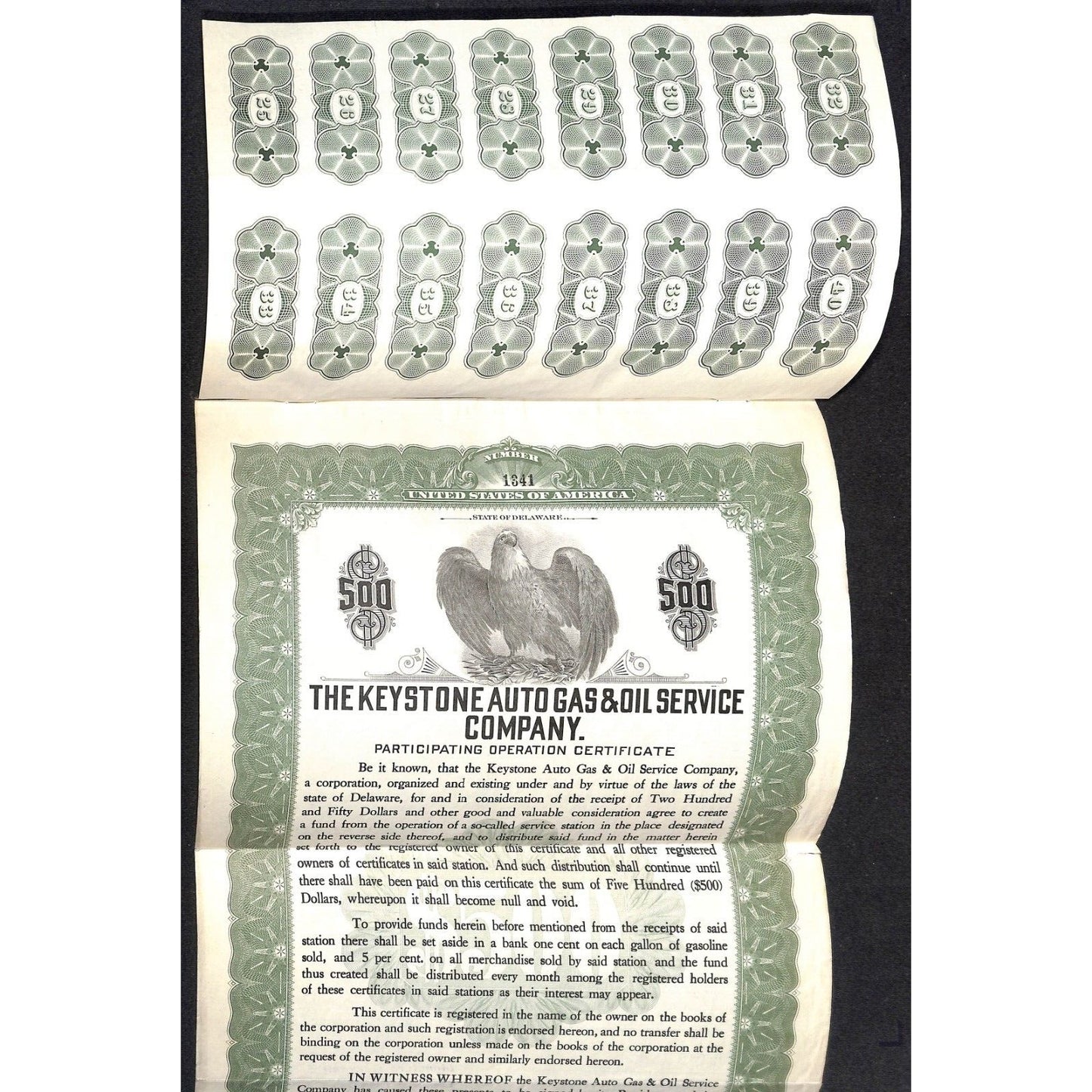 Keystone Auto Gas & Oil Service Ebensburg, PA 1929 Certificate w/ Coupons #25-40