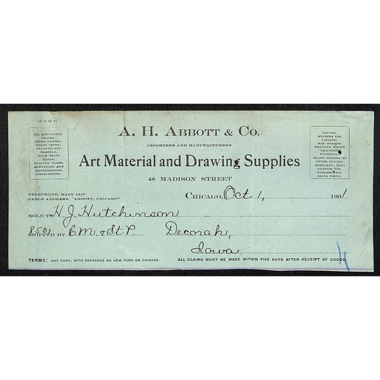 A.H. Abbott & Co. Art Material Chicago Hutchinson Decorah IA* Cut 1901 Billhead
